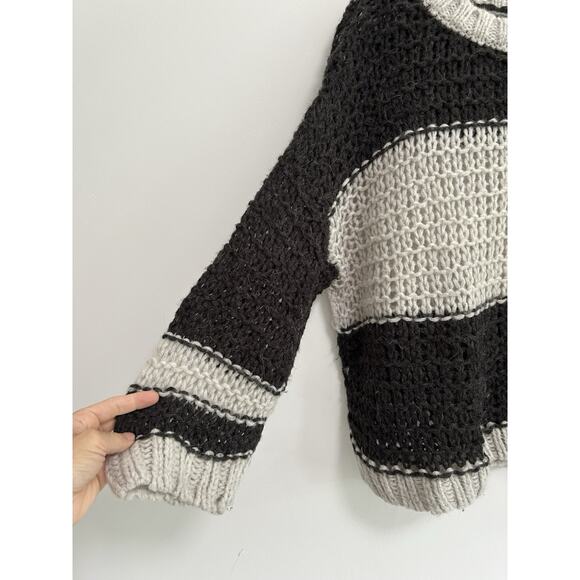 Free People Boxy Oversized Loose Knit Sweater Black White Stripe Alpace Wool SM - Picture 3 of 10